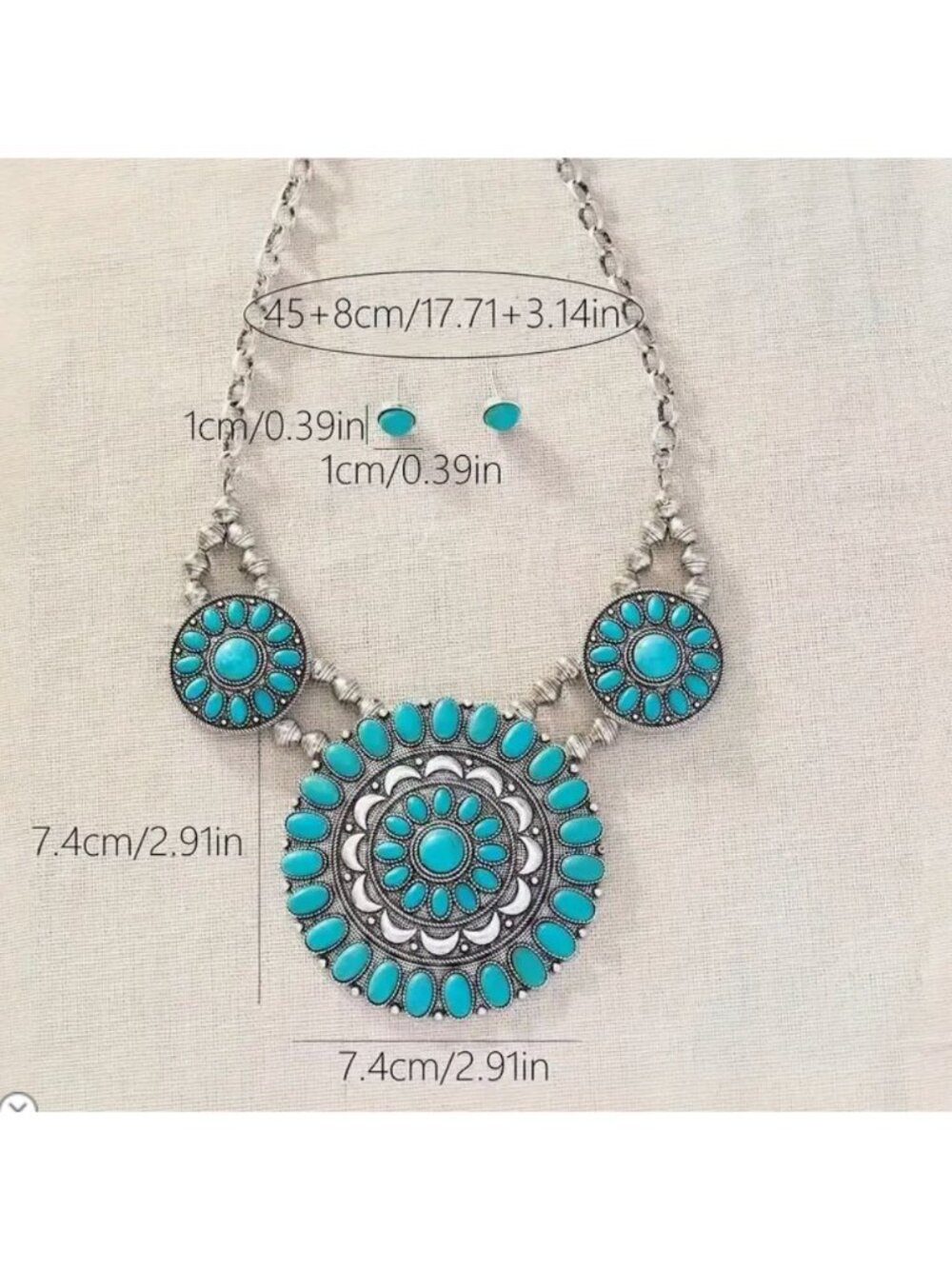 Boho Imitation Turquoise Statement Necklace With Silver Tone Chain - Picture 2 of 2